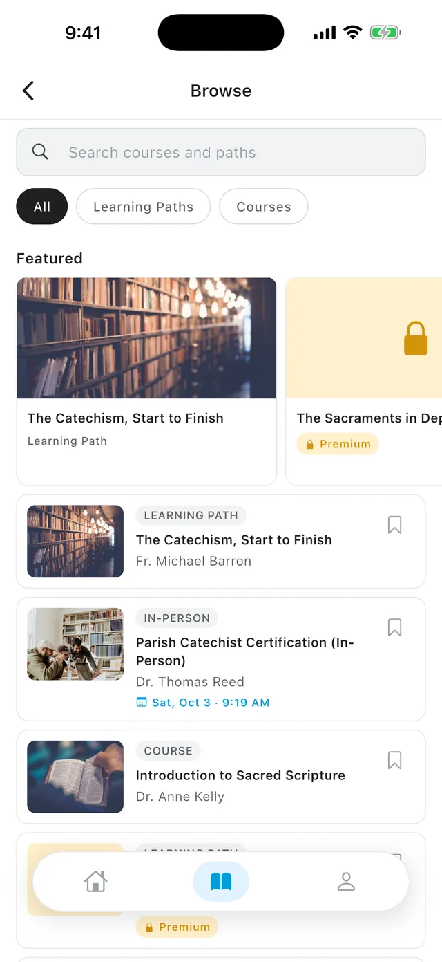 Browsing courses and learning paths in the LEAD Catholic app
