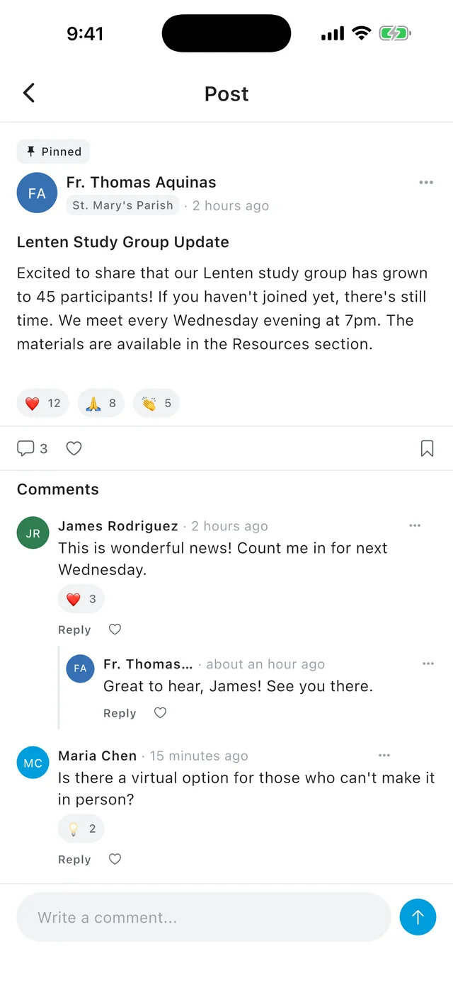 A parish post in the LEAD Catholic app, with reactions and threaded comments