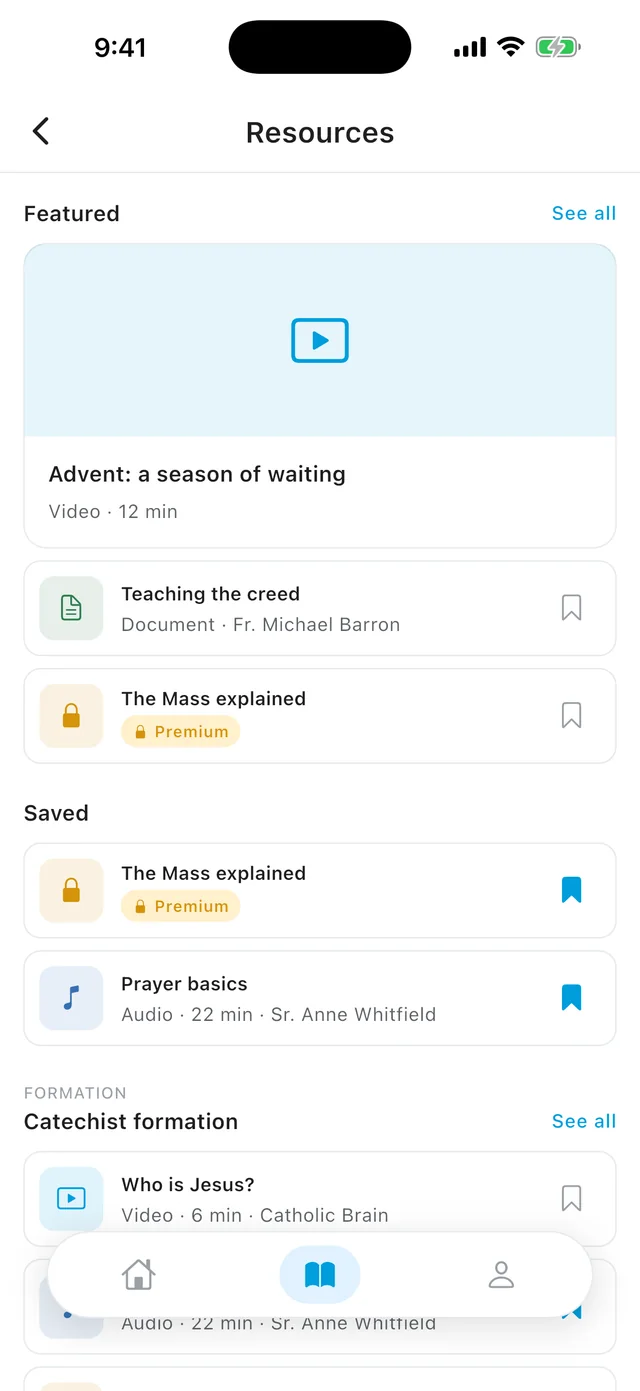 The resource library in the LEAD Catholic app, with featured and saved items